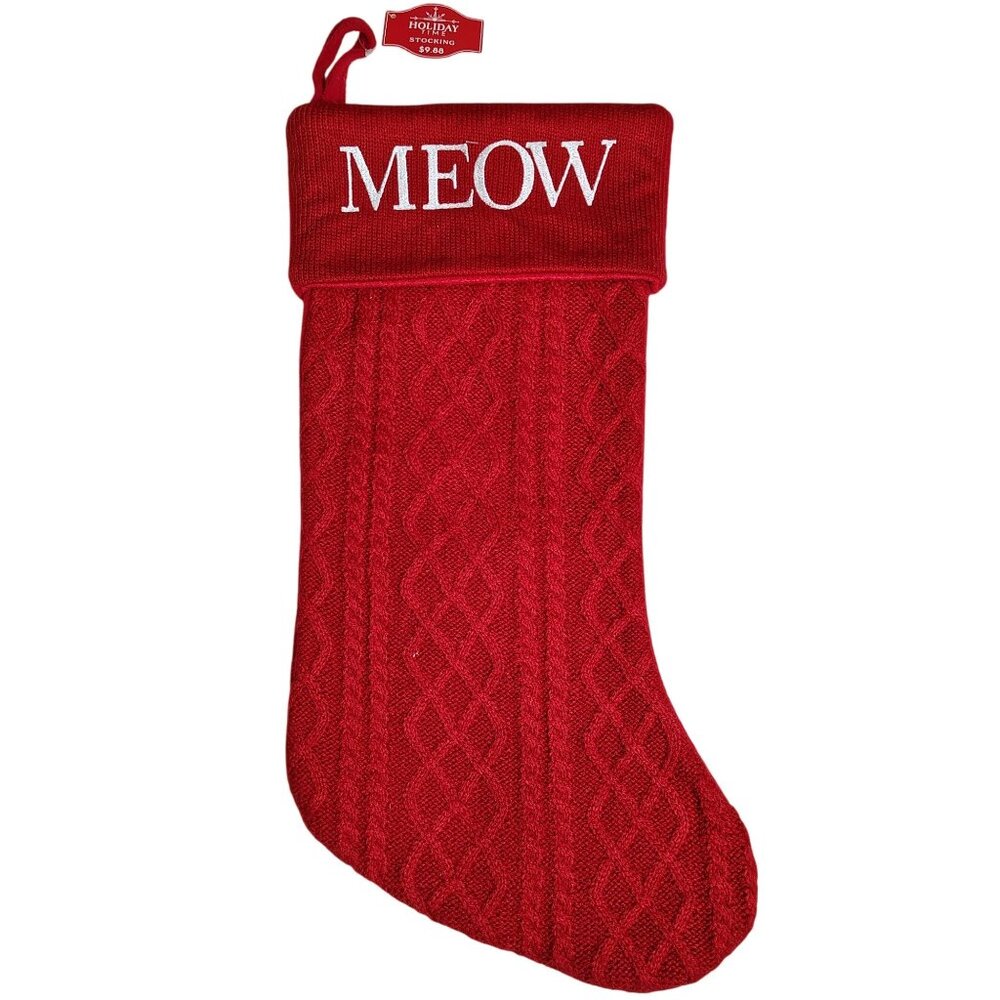 Holiday Time 19 inch Red Knit Embroidered Meow Cat Christmas Stocking